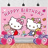 Kitty Cat Birthday Decorations,Cartoon Kitty Cat Backdrops for Party Decorations Supplies,Anime Happy Birthday Banner Backdrop for Party Supplies (5x3ft)