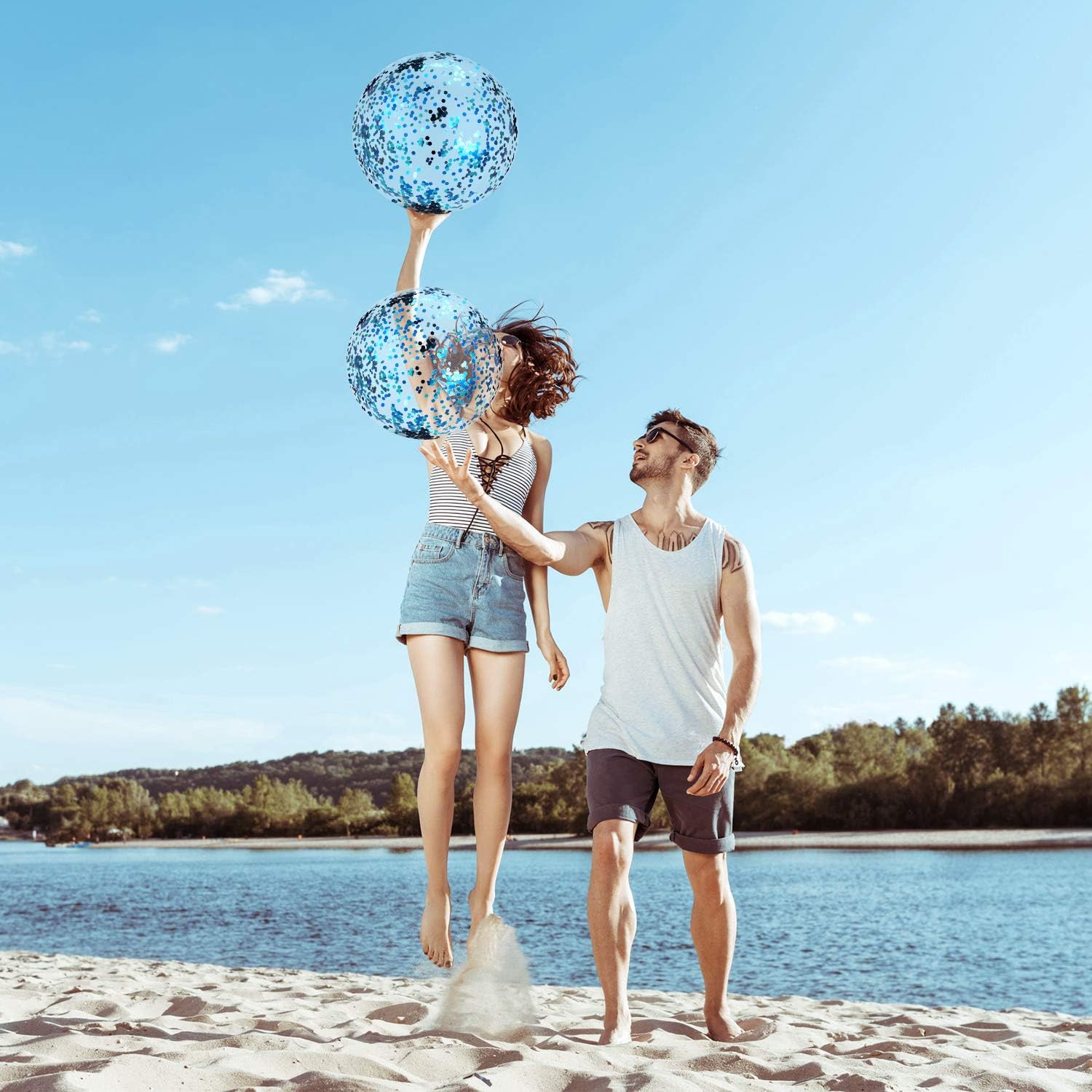 Hsei 3 Pieces Inflatable Beach Ball Glitter Beach Ball Floatable Confetti Ball for Summer Beach, Pool and Party Favor (Blue): Sports & Outdoors