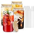 sungwoo Glass Cups with Bamboo Lids and Straws, 16OZ Ice Coffee Cup, Drinking Cup Set with Wooden Lids, Home Essential Glass 