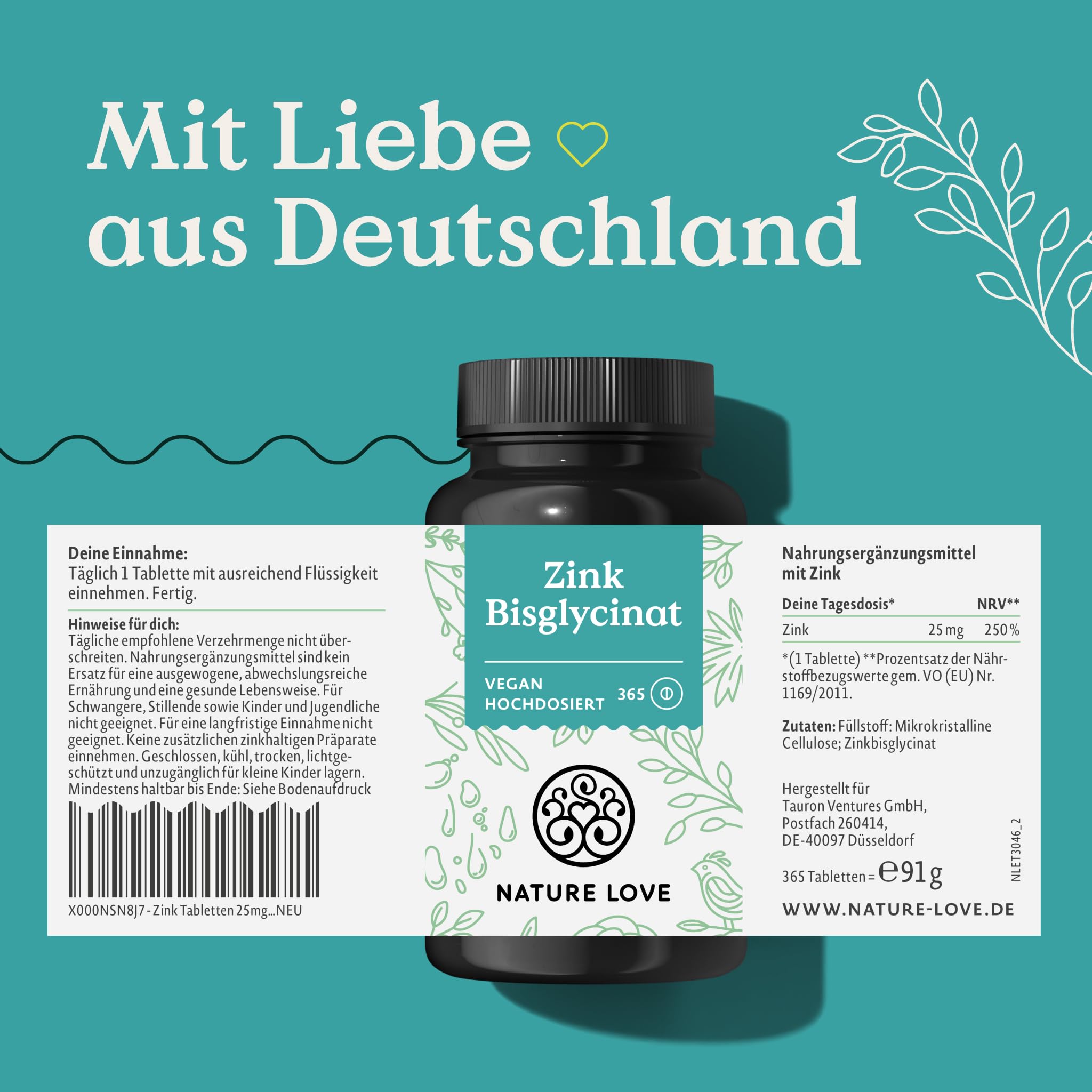 NATURE LOVE® Zink - 365 Tabletten (1 Jahr) - Hochdosiert (25mg): Zink-Bisglycinat - Hoch bioverfügbares Zinc - vegan, laborgeprüft, in Deutschland entwickelt 7