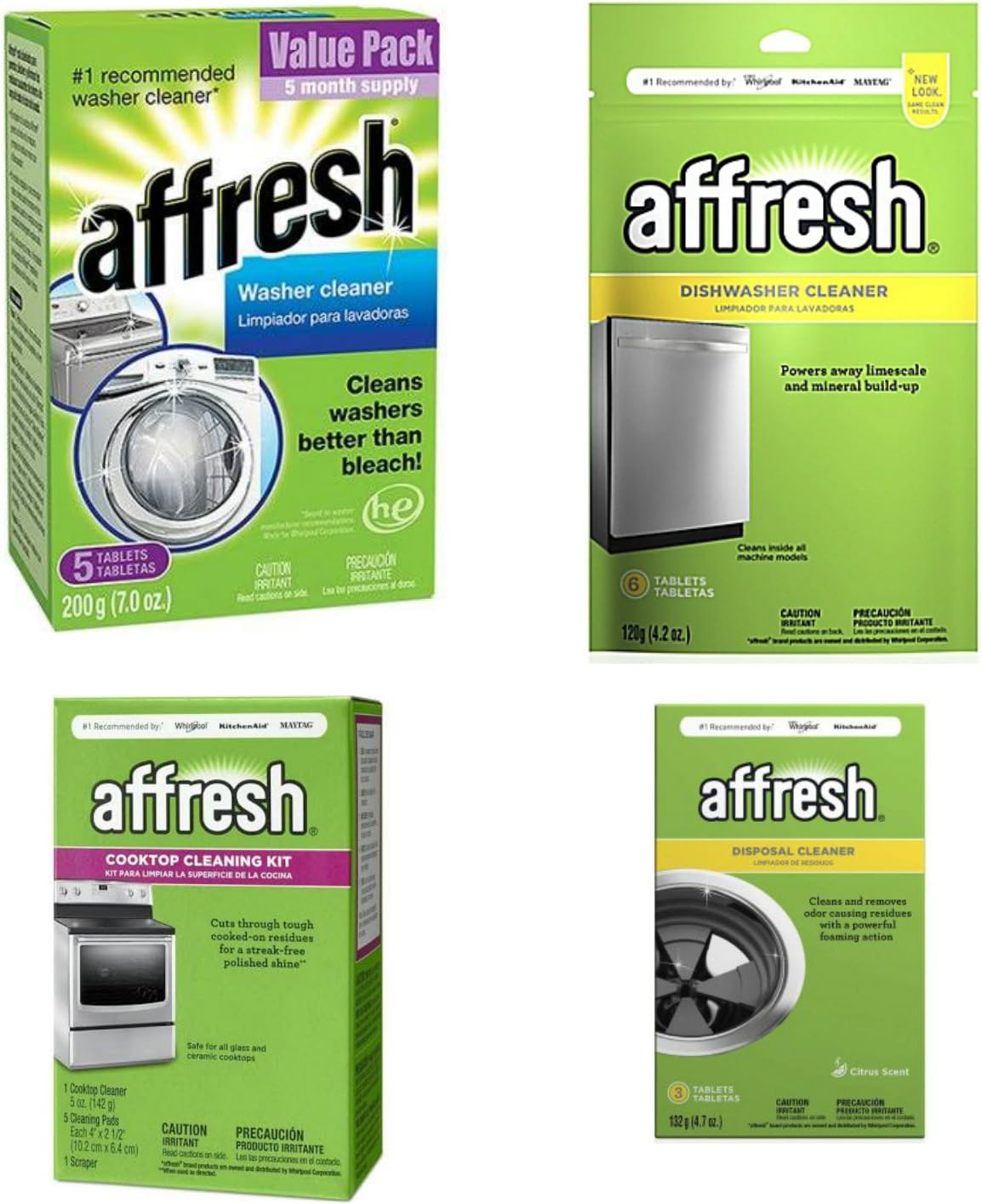 Affresh Washing Machine and Dishwasher Cleaner - Bundle Includes 4 items – Cooktop Cleaning Kit, Disposal Cleaner, Clothes Washer, and Dishwasher Cleaner - Used To Refresh Your Kitchen Appliances