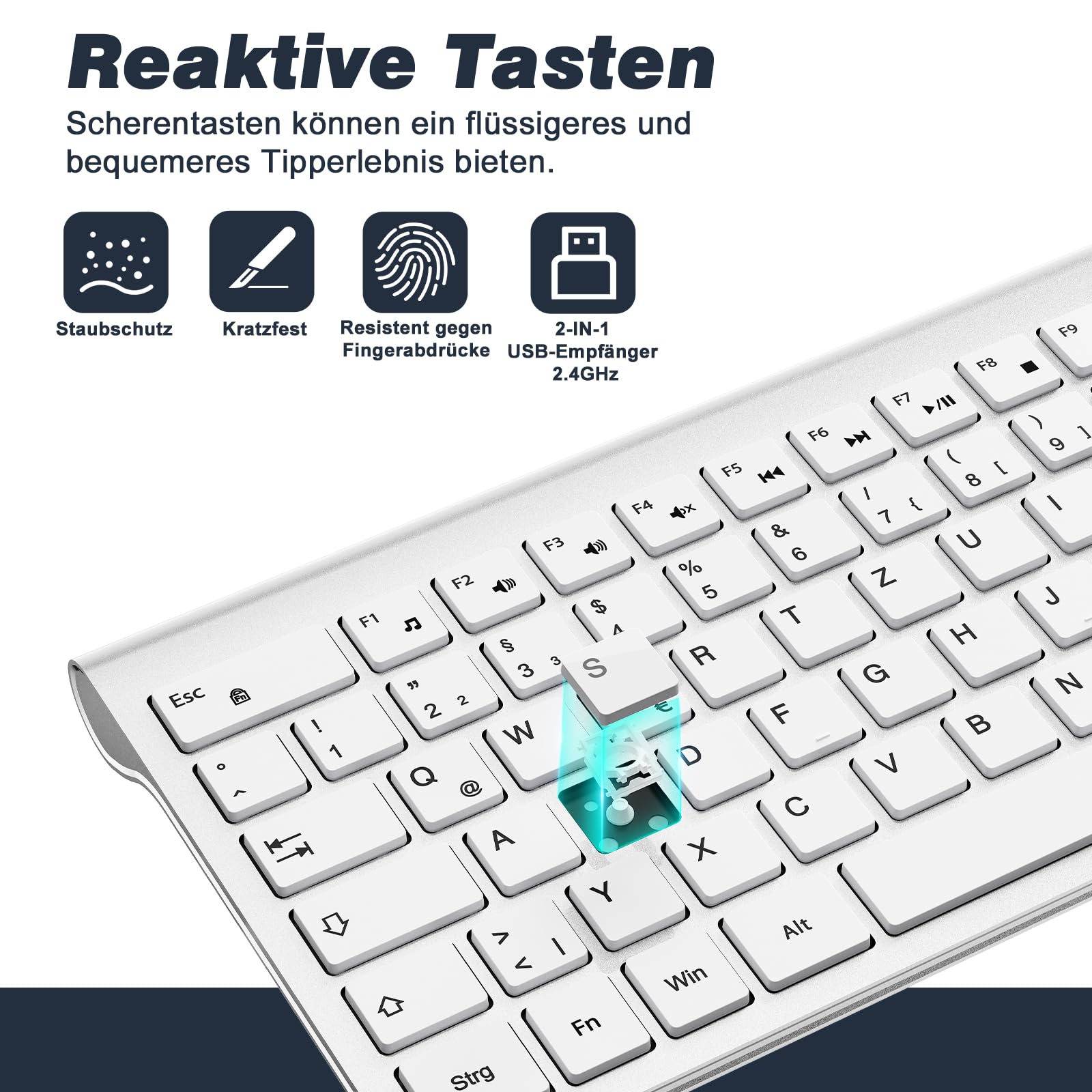 cimetech Tastatur Maus Set Kabellos 2.4G Aufladbar Ergo Slim für PC/Laptop 3