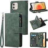 RANYOK Wallet Case Compatible with iPhone 12/12 Pro (6.1 inch), Premium PU Leather Zipper Flip Wallet RFID Blocking with Wrist Strap Built-in Kickstand Protective Case - Black Green