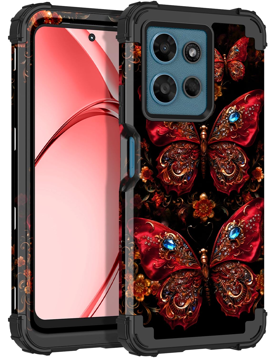Rancase for Moto G Play 2026/2025 Case,Three Layer Heavy Duty Shockproof Protection Hard Plastic Bumper +Soft Silicone Rubber Protective Case for Moto G Play 2026/2025 5G,Glow in The Dark-Black Red