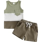 Kupretty Toddler Baby Boy Stripe Waffle Sleeveless Shirt Shorts Set | Toddler Boy Clothes Baby 12 18 24 Month 2T 3T 4T Summer Outfit Contrast Color Tank Tops &amp; Matching Shorts Infant Set