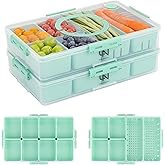 Stackable Snackle Box Container with 2 Lids, 14 Compartments - BPA-Free Snackle box Organizer, Dishwasher & Microwave Safe Reusable Snacklebox for Veggies, Fruits, Charcuterie, Snacks (Green, 2 Pack)