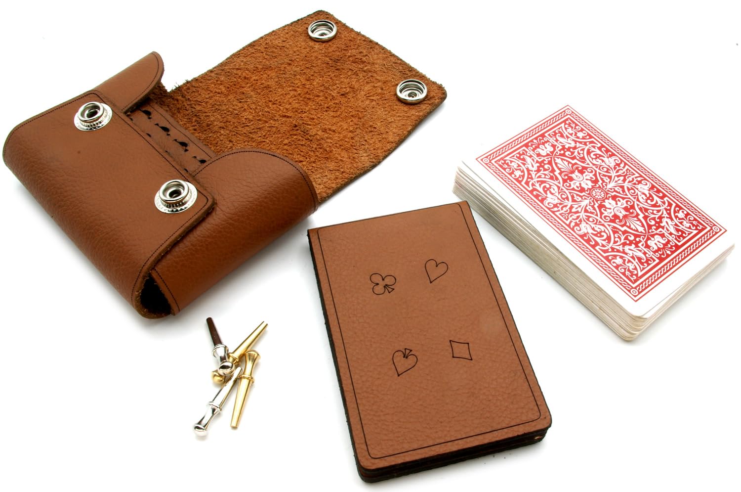 Brimtoy Brown Leather travel cribbage set - Pocket sized leather hinge board complete with 4 metal pegs, playing cards and instructions in handy pouch - board size approx 18cm -Made in Britain