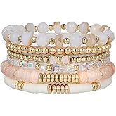 RISHEGAE Gold Beaded Bracelets for Women Stack Boho Colorful Glass Bead Bracelet Set Elastic Adjustable Bracelets Stackable Trendy Jewelry Gifts for Women