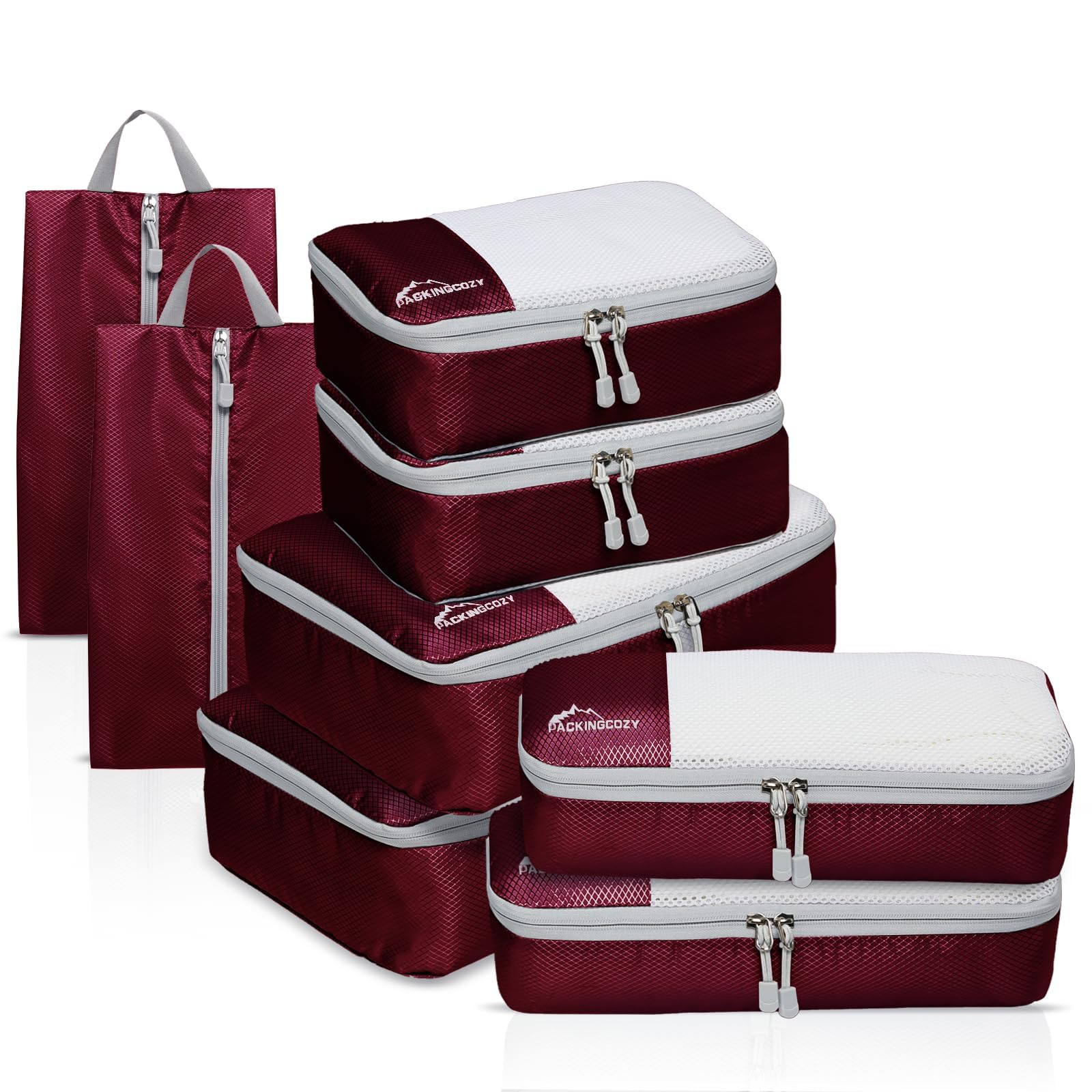 Photo 1 of Compression Packing Cubes for Travel, 8 Set Packing Organizers with Zipper Pulls and Mesh Top Panel - Light-weight Travel Cubes for Carry On and Suitcases, Wine