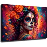 Sugar Skull Woman Wall Art, Day of The Dead Poster (Framed,24×36 inch) | Bold floral Dia de los Muertos portrait with marigolds, roses, teal accents, and colorful cultural wall decor