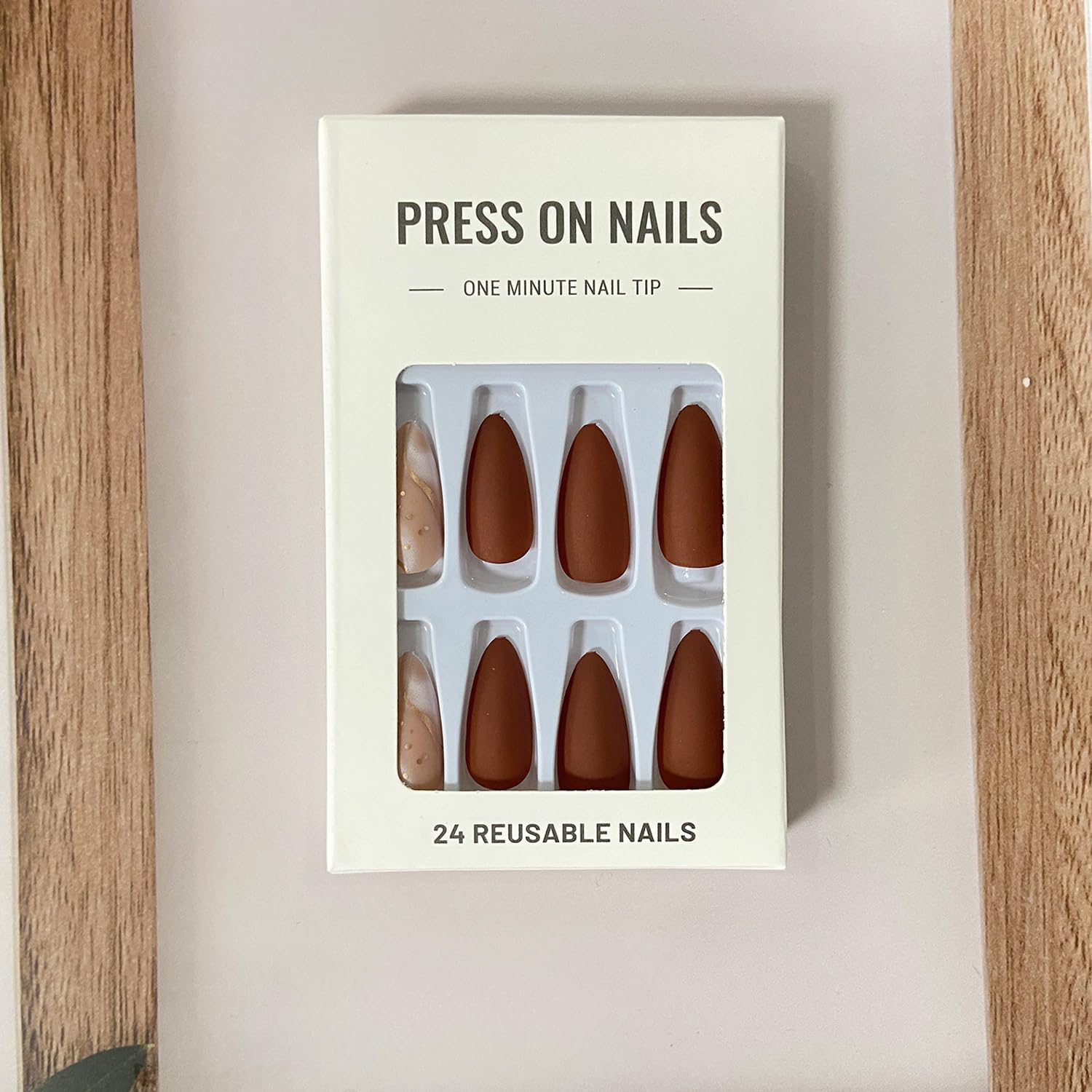 Tyuimhx Medium Press on Nails Almond Fake Nails With Gold Line Designs Brown Matte False Nails Full Cover Stick on Nails Reusable Artificial Nails Glue on Nails for Women Girls Nails Decorations 24Pcs - Image 5