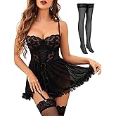 Tidouk Sexy Lingerie for Women Lace Babydoll Lingerie Dress Push up Nighty Petal Hem Chemise with Garter(4pcs)