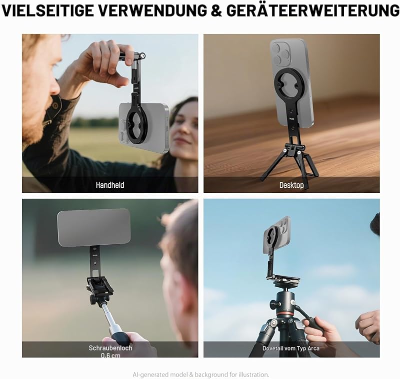 Magnetischer Handy Stativhalter, Metallhalterung für Mobiltelefone mit 1/4" Gewinde, Blitzschuh und Arca Aufnahme, kompatibel mit MagSafe iPhone, Huawei und Android für Videoaufnahmen, PA098