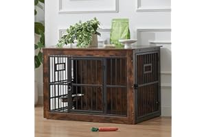 GARDNER PET 38 Inch Heavy Duty Dog Crate Furniture for Medium Dogs, Decorative Pet House End Table with 3 Doors & Adjustable Bowls, Wooden Cage Kennel Furniture Indoor, Rustic Brown
