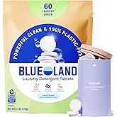 BLUELAND Laundry Detergent Tablets, Starter Set, 60 Count with Tin, Plastic-Free Eco-Friendly Pods, Sheets, Liquid Alternative - Fragrance Free and Clear, Natural, Gentle