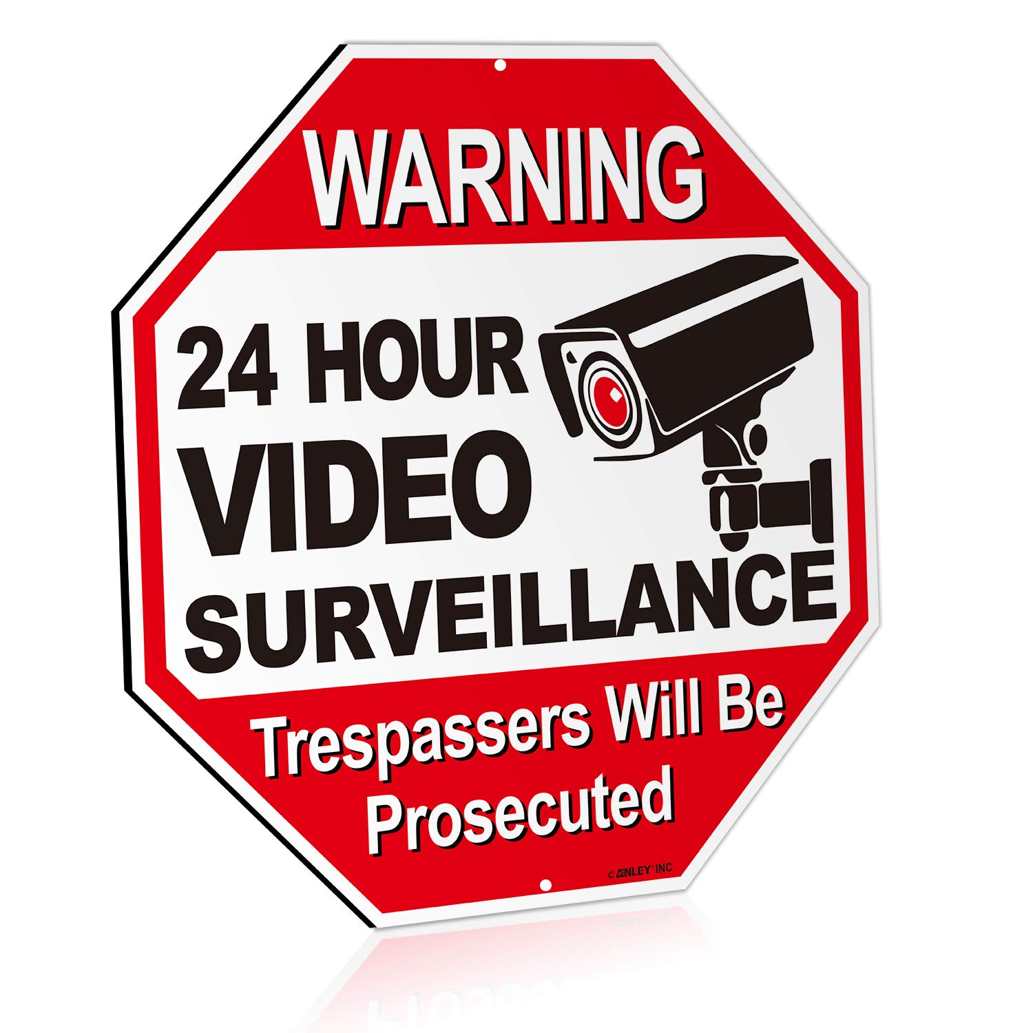 ANLEY 24 Hour Video Surveillance Aluminum Warning Sign, Trespassers Will Be Prosecuted - No Trespassing Security Alert - UV Protected and Weatherproof - 12" x 12"