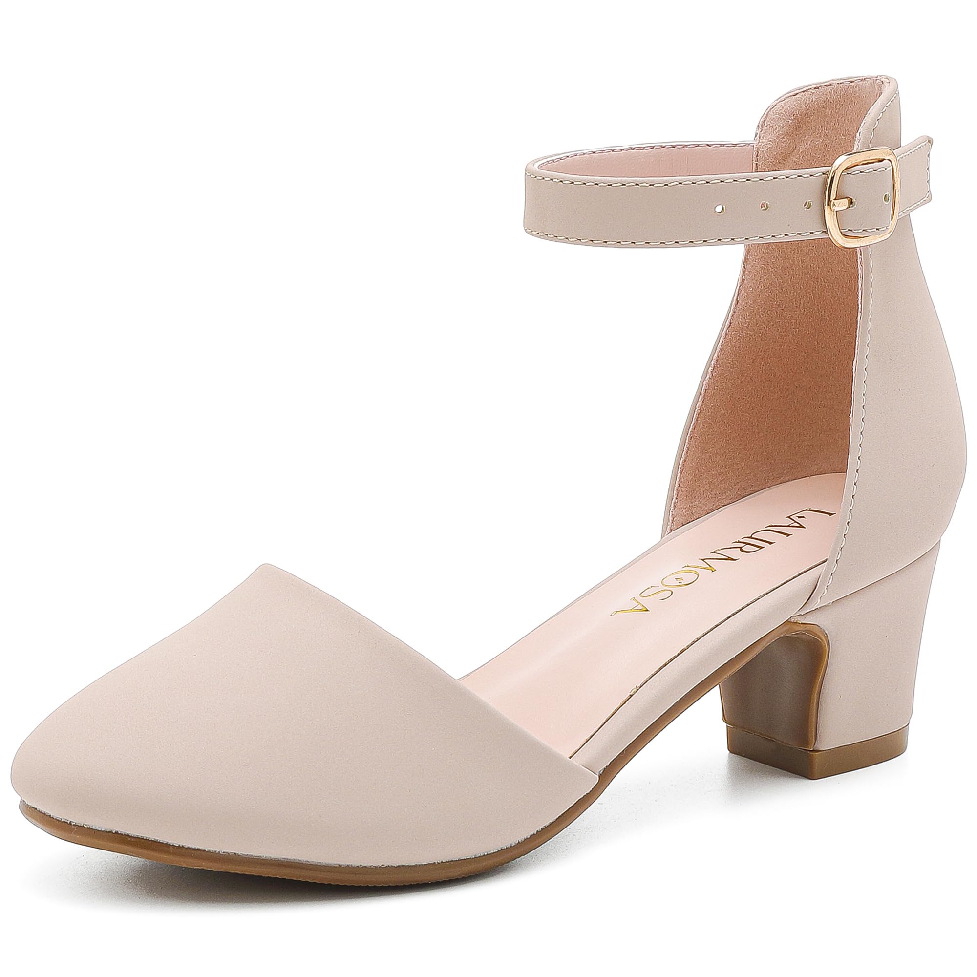 LAURMOSA Girls Dress Shoes Close Toe Girls High Heels Glitter Kids Heels for Wedding Party Formal Kids Nude Dress Shoes Size 3 Little Girl Wedding Sandals(L1012NuNude 3) Image