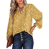 Dokotoo Women's Casual V Neck Alicia Floral Print Smocked Long Sleeve Chiffon Blouses Bohemian Top Shirts