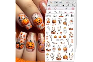 FBABFBUO Halloween Nail Art Stickers Decals 3D Pumpkin Ghost Nail Decals 6PCS Skull Ghost Virus Leaf Bat Halloween Nails Design 3D Self-Adhesive Nail Art Supplies Manicure Sticker for Women Holiday Decoration