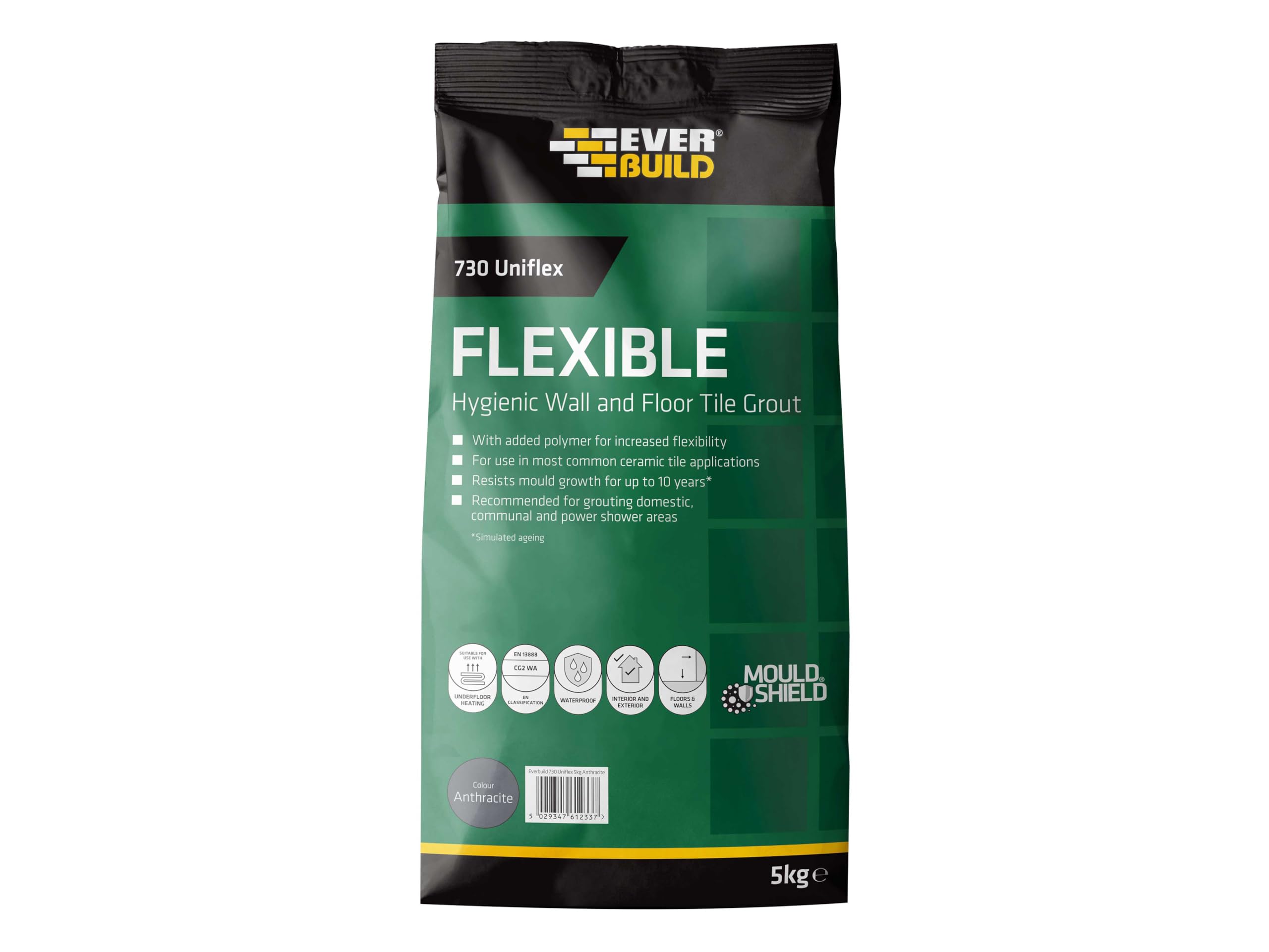 Everbuild 730 Universal Flexible Hygienic Wall and Floor Tile Grout – for Use with Joints Up to 15mm Wide – Anthracite – 5kg
