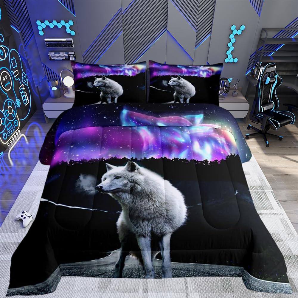 Wolf quilted Set Bed Decor 3D Galaxy Wolf For Kids Boys Girls Decor Cool Wildlife Bedspread Single Size Purple Starry Night Winter Summer Decor