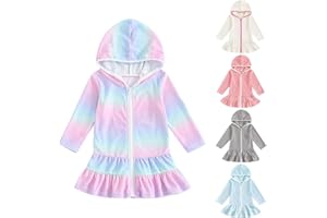 Girls Rainbow Swim Cover Up Toddler Kids Hooded Zipper Swimsuit Coverup Long Sleeve Summer Beach Bathing Suit Wraps