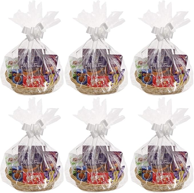 Make Your Own Hamper Kit Wicker Basket Cellophane Wood Shred Bow Set (6 Kits, Large Oval