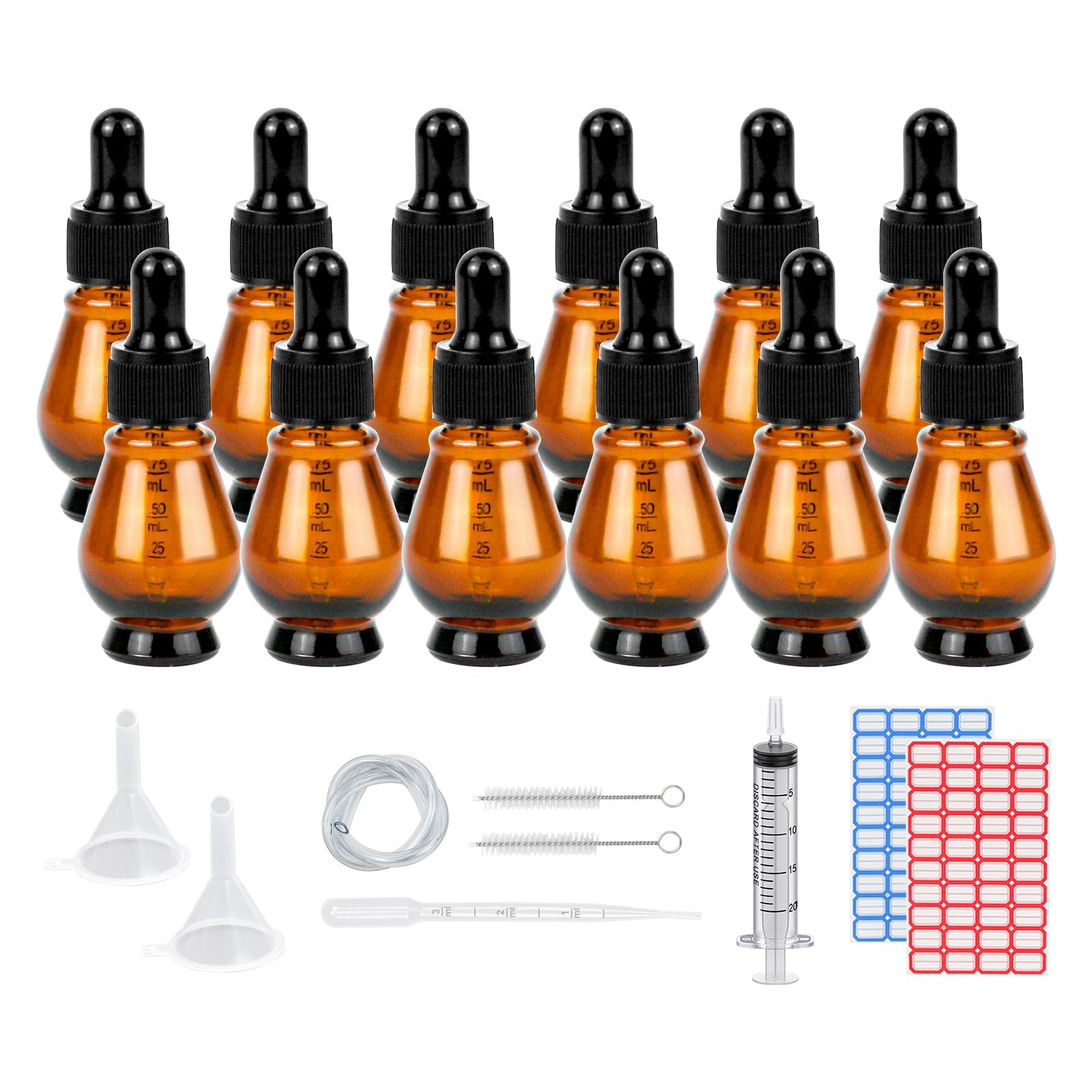 Reyshin 10ml Glass Dropper Bottles, 12 Pack Pear Shaped Amber Glass Bottle with Dropper Pipettes Refillable Sample Bottle for Essential Oil Massage Aromatherapy Eye Drops