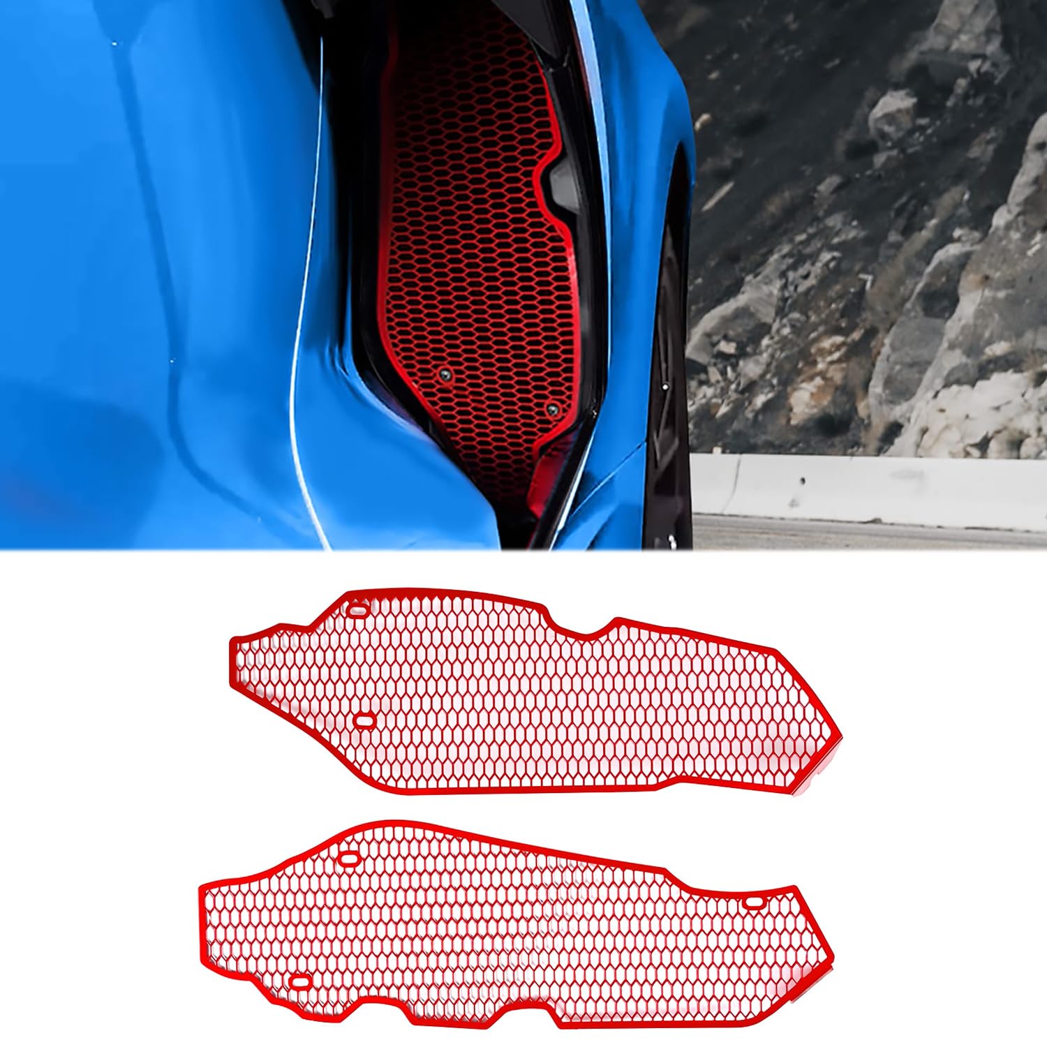 Photo 1 of BILLFARO 2Pcs Red Upgraded Side Intake Mesh Grilles Insert,OEM Style Aluminum Driver and Right Passenger Side Radiator Air Intake Vent Guards Accessories for Corvette C8 Stingray 2020-2024