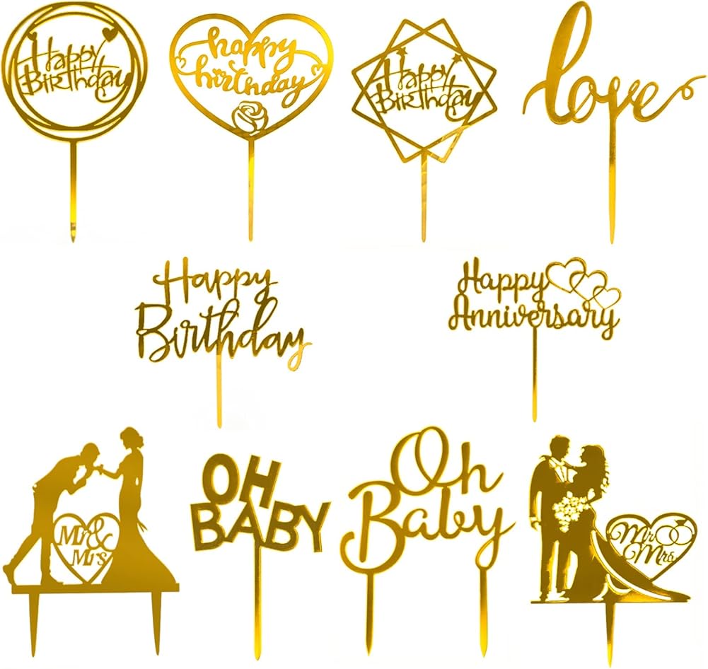 Eqlef Gateau Topper Joyeux Anniversaire Decorations De Gateau Cupcake Toppers Or Pour Anniversaire De Mariage Anniversaire Bebe Douche Theme Gateau 10 Pieces