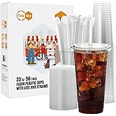 Turbo Bee 50 Sets 32 OZ Clear Plastic Cups with Lids and Straws, Disposable To Go Iced coffee cups with lids for Cold Drinks, Smoothie, and Slushie