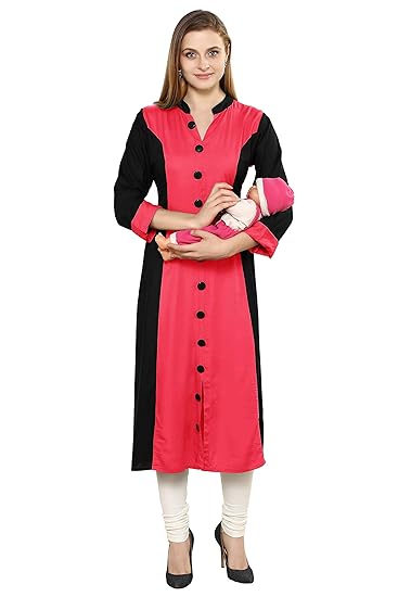 Women's Cotton Straight Maternity/Nursing/Easy Feeding/Breastfeeding/Kurti/Kurta/Dress/with Zippers for PRE and Post Pregnancy