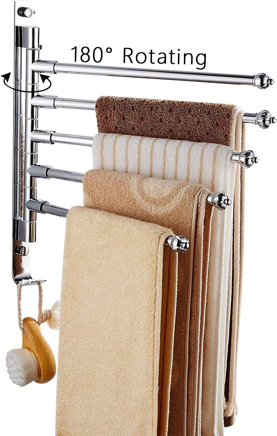 SOQO Bath Towel Holder Wall Mounted Swing Out Towel Bar Stainless steel Bathroom Hand Towel Rack 5-Bar Folding Arm Swivel Hanger (Stainless steel, 5 Bars)