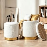 2BYF Round Ottoman with Storage, White Teddy, Set of 2 | Vanity Stool, Upholstered,Small Ottoman Coffe Table,Removable Lid,Foot Stool for Living Room,Assembly Free,Gold and White