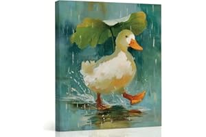 Impressionist Oil Painting Wall Art Duck Walking in Rain with Leaf Umbrella Canvas Print, Whimsical Animal Artwork Decor for 