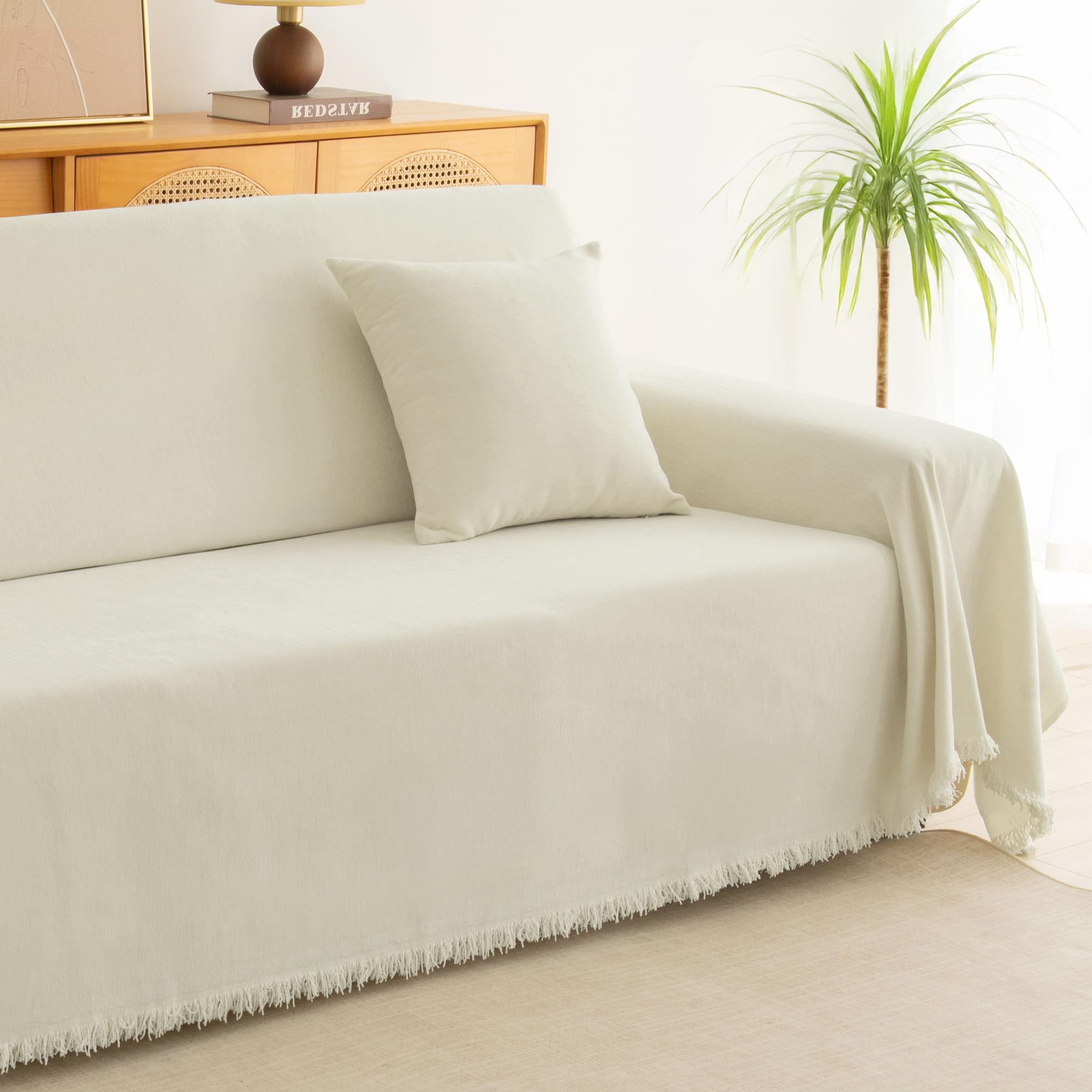 Photo 1 of KaviKon Couch Cover for Dogs, Boho Sofa Covers for 3 Cushion Couch, Chenille Sofa Slipcover for Pets Washable, L-Shape Sectional Couch Loveseat Cover Soft Throw Blankets with Tassels(71x134,Cream)