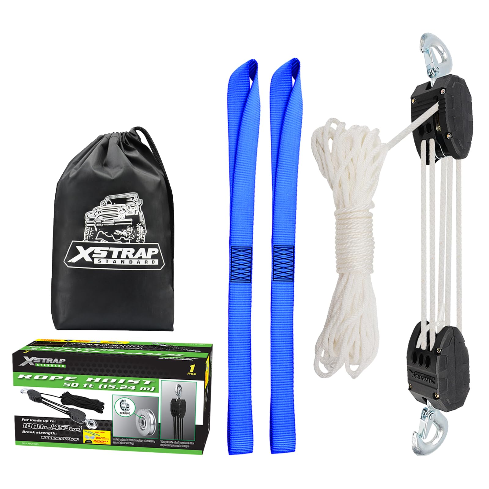 Photo 1 of XSTRAP STANDARD Heavy-Duty 2,000LB Rope Hoist Pulley 50 Feet Wheel Block and Tackle System with 2PK 18 Inch Soft Loops for Animal Husbandry, Garage, Warehouse, Constructions, White