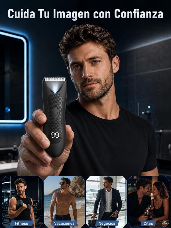 Afeitadora Corporal Masculina: Impermeable Depiladora Corporal Hombre, Seco y Húmedo, Luz LED Recorte Precisión para Axilas, Pecho, Piernas y Genitales, Pantalla Digital Batería, Bloqueo Viaje — foto 8 de 8