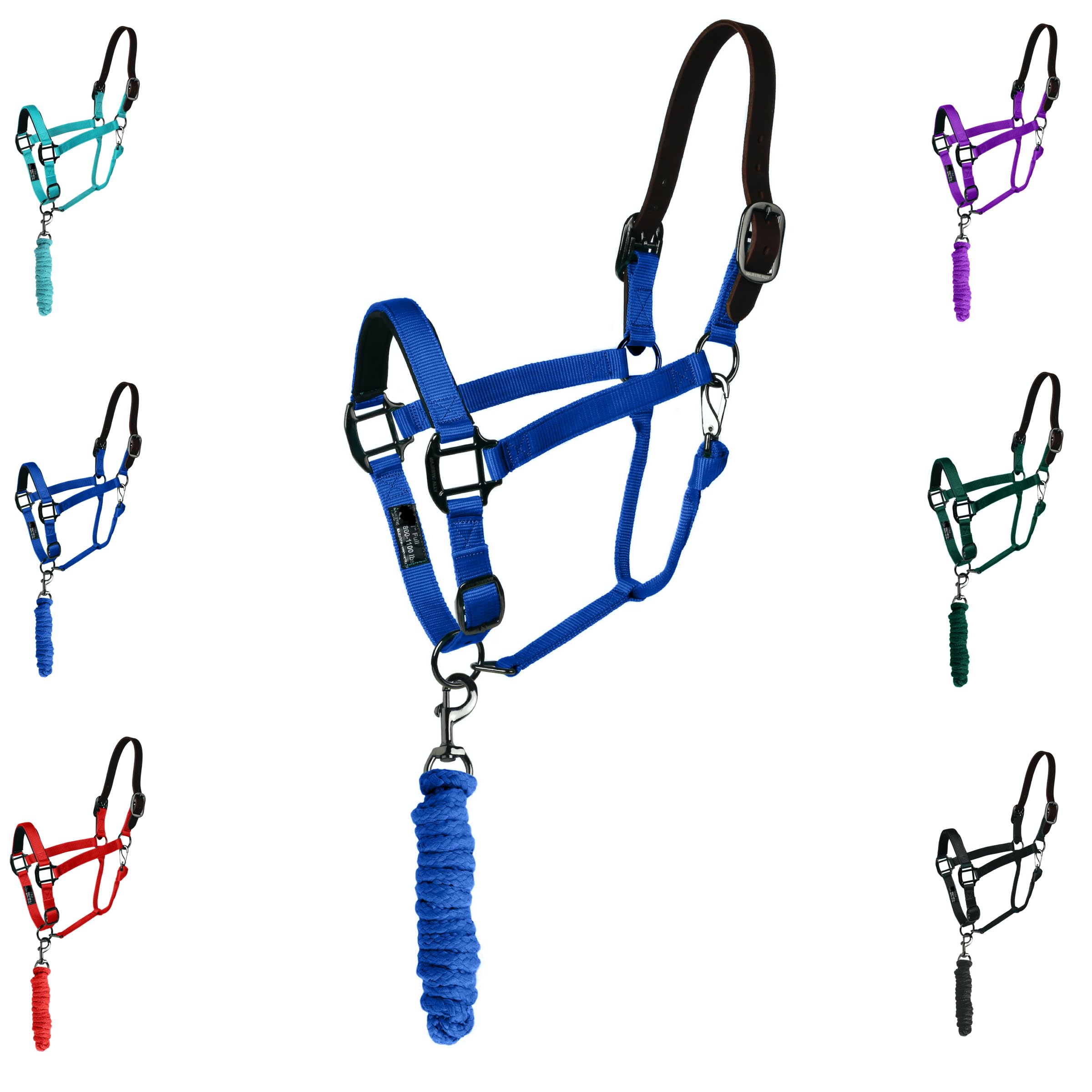 Majestic Ally Leather Halter with Matching Lead Rope for Horses – Leather Breakaway Crown - Adjustable Chin Strap – Rolled Throat Latch – Padded Noseband – Full (Royal Blue, Full)