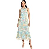 Maggy London Womens Embroidered Women's High Neck Tea Length Special Occasion Midi - Formal Evening Party Cocktail Dress