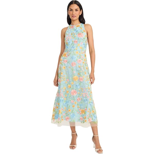 embroidered floral halter neck dress maggy london Maggy London Women's Dresses Floral Embroidered Halter Neck Midi Dress with Back V-Neck, Blue/Green/Yellow, 0 at Amazon Women's Clothing store