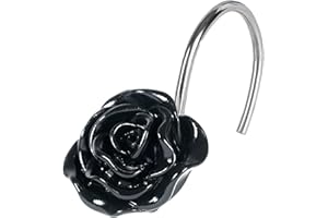 POPKOZZI Black Rose Floral Shower Curtain Hooks: Flower Shower Curtain Hooks for Bathroom Décor - Cute Rustproof Stainless Steel Decorative Rings for Leaf Plant Botanical Themed Shower Curtain