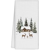 OINDADE Christmas Winter Kitchen Towels, Cabin Christmas Deer Hand Towels, Farmhouse ChristmasWinter Dish Towel Tea Towel for Kitchen Decorative, Cabin Deer Winter Kitchen Decor, 16x24In