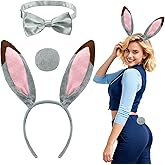 Tepoobea Grey Bunny Ears Headband and Tail Bow Tie Set, Halloween Bunny Costume Accessories, Bendable Fluffy Plush Gray Rabbit Ears Headband for Cosplay Parties