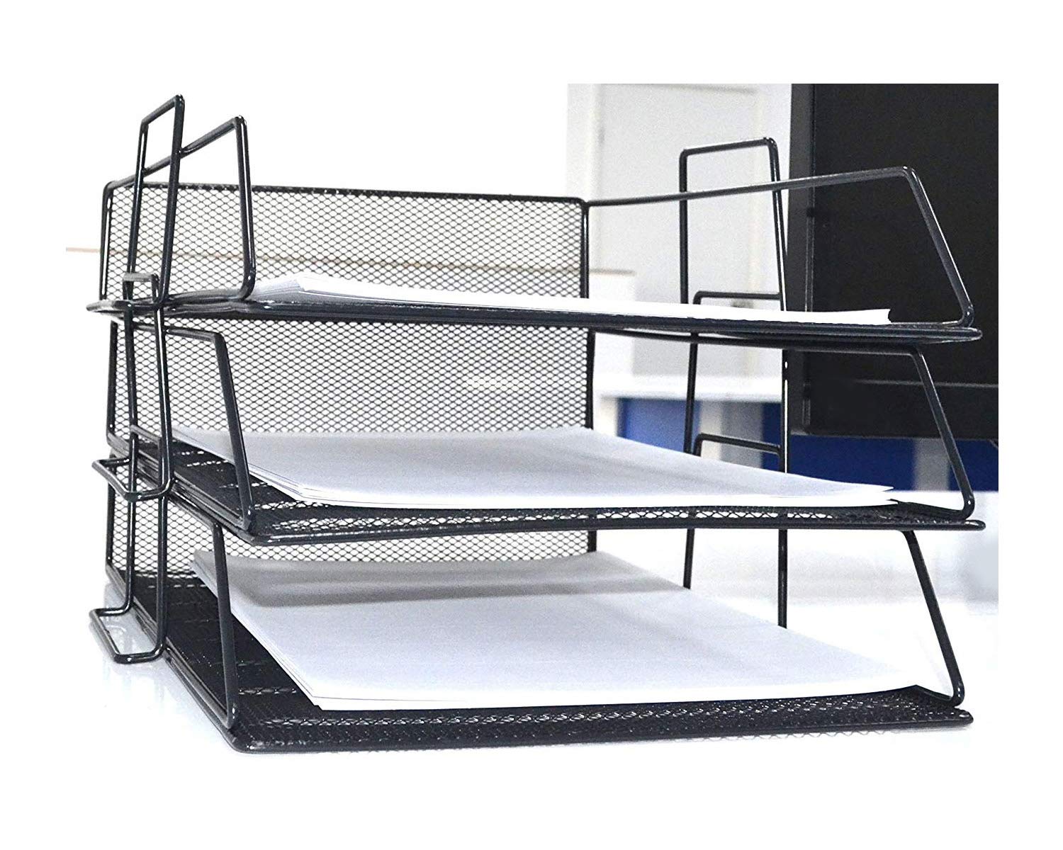 Executive Mesh Filing Front Loading Trays Document Letter Paper Wire Mesh Storage 3 Tiers (Black)