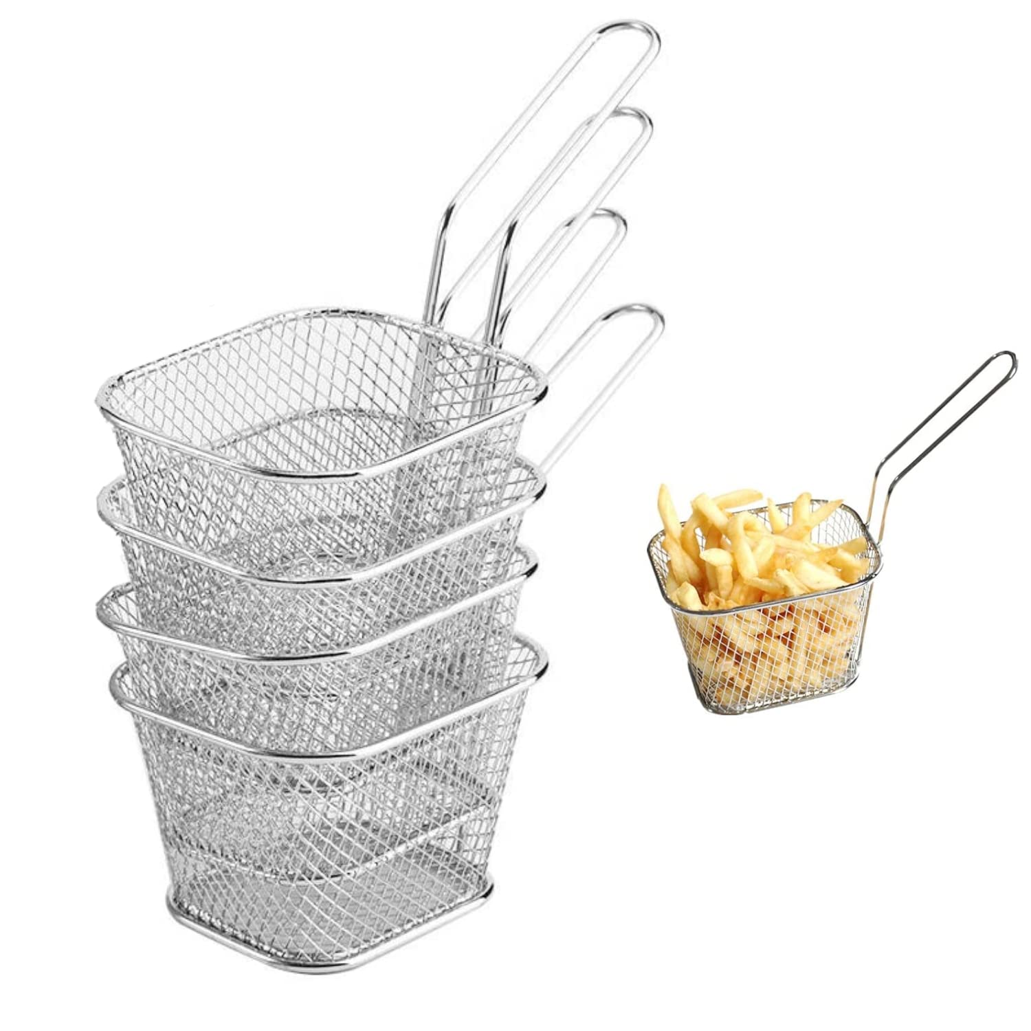 JZK 4 x Stainless Steel chip Baskets for Serving with Handle, mesh French chip deep Frying Basket for Shrimps Onion Rings