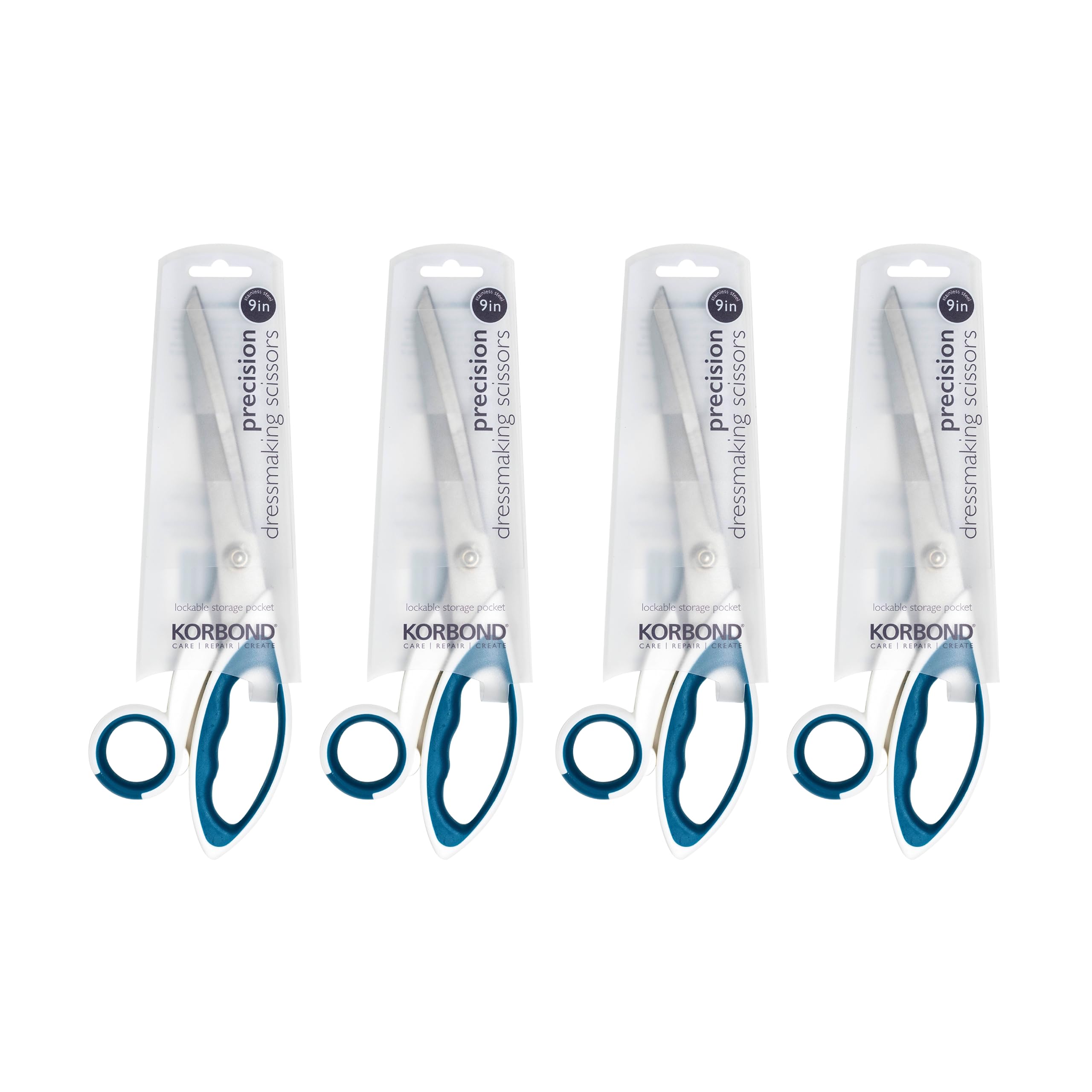 Korbond Precision Dressmaking 9 inch- Pack of 4 – Soft Grip Professional, Household, Fabric, Paper Scissors. Ambidextrous – for Right & Left Handed, Blue