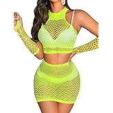 Kaei&Shi Rave Outfits for Women Festival,Glitter Rhinestone Fishnet Skirt Set,Sexy Mesh Swimsuit Cover Up Pool Party Outfit
