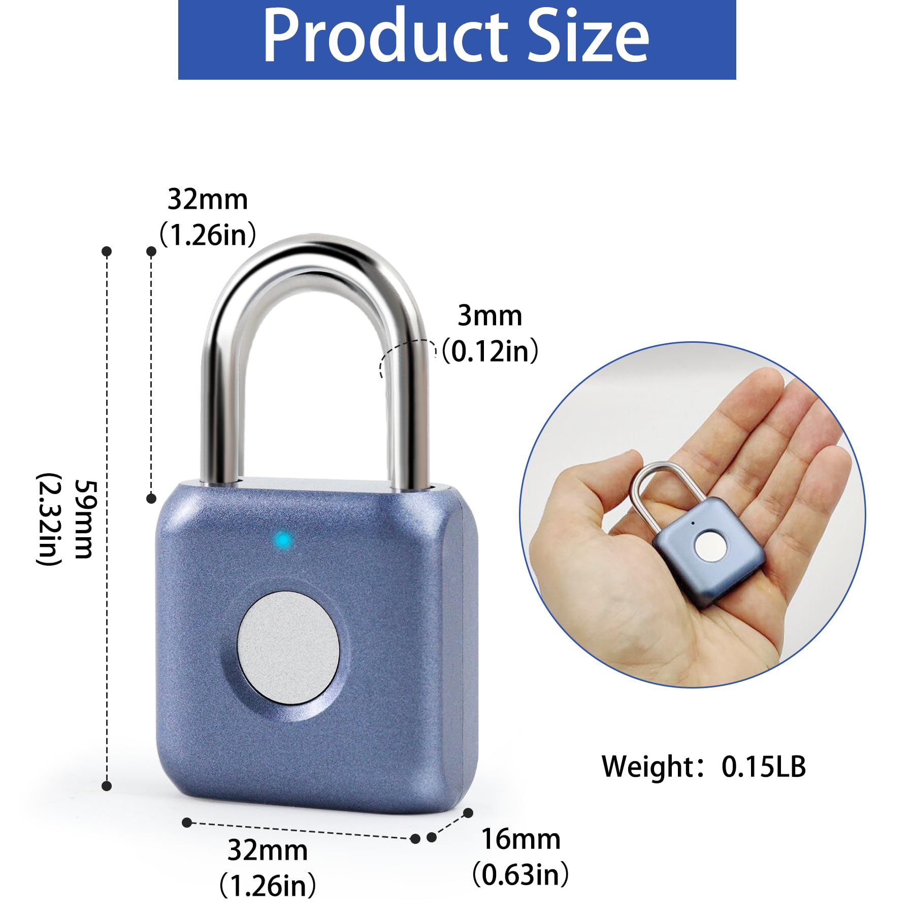 Fingerprint Padlock, Keyless Biometric Lock, Water-Resistant, USB Rechargeable Smart Lock for Bookcases, Bikes, Sports Lockers, Storage, Blue