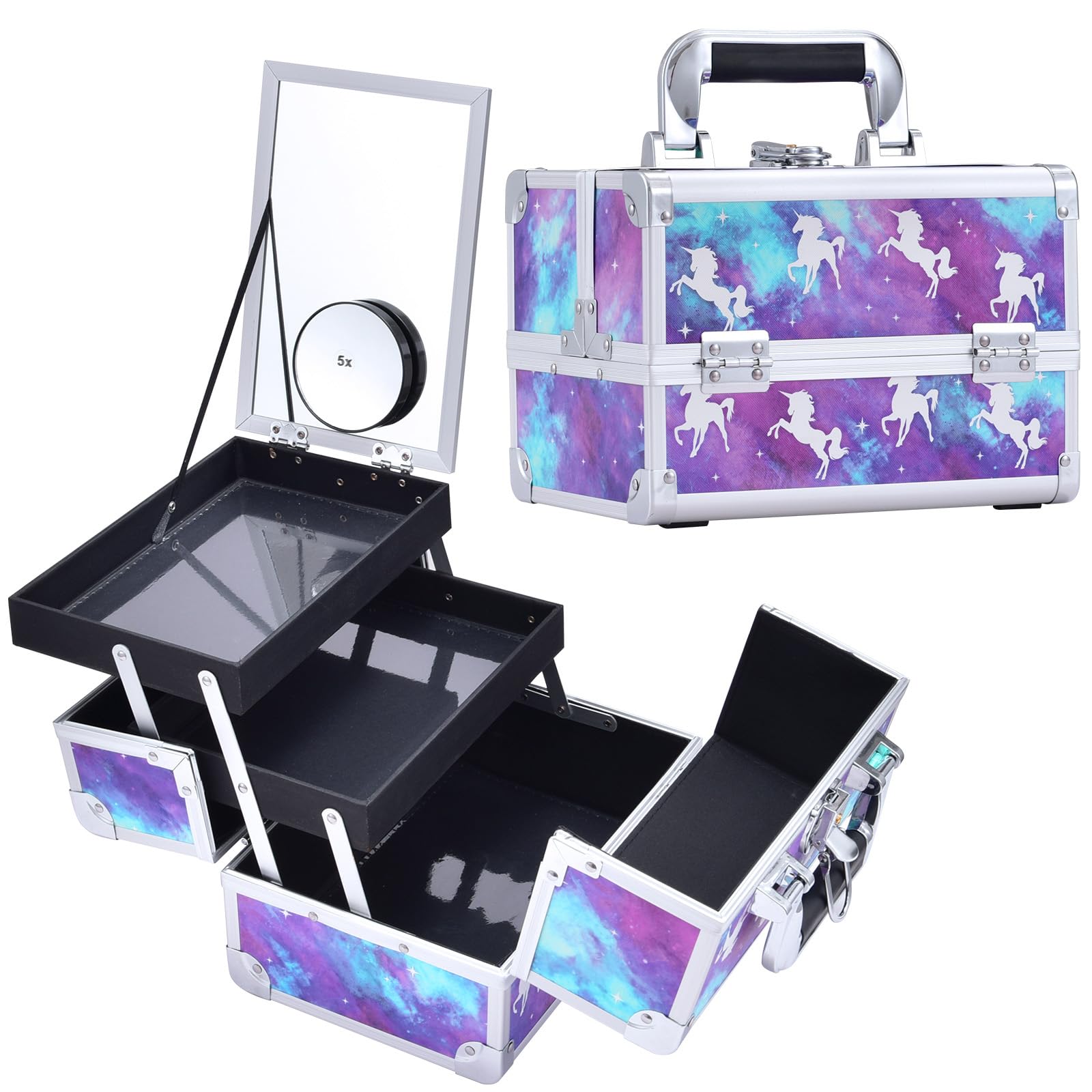 Joligrace Vanity Case Makeup Box Cosmetic Organiser Box Beauty Storage Makeup Up Train Case with Mirror and Magnification(5X) Spot Mirror, Purple Unicorn